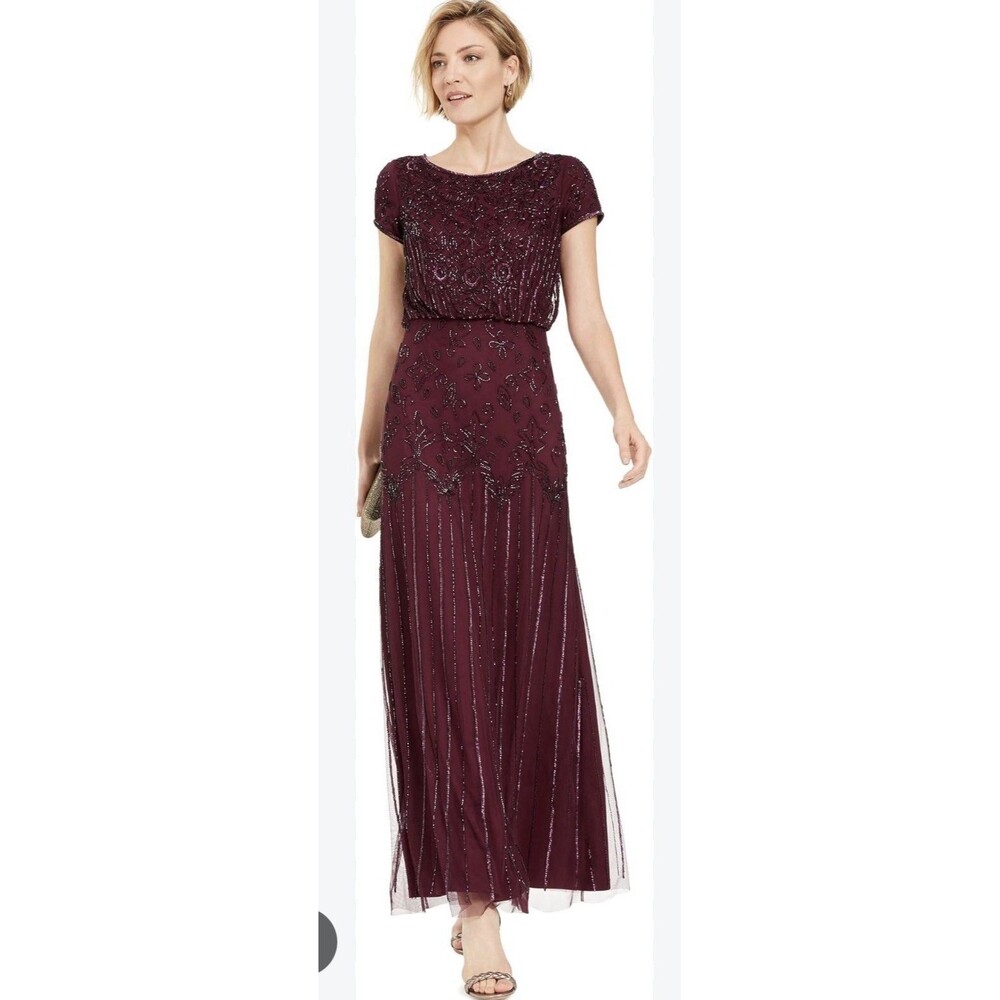 Adrianna Pappell Short Sleeve Beaded Blouson Gown Color Cassis Dress, Size 4